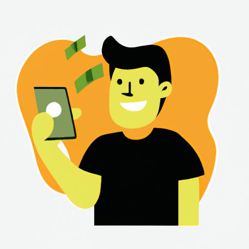 Người giữ điện thoại thông minh và cười khi nhận được tiền cho một giao dịch bán hàng trực tuyến