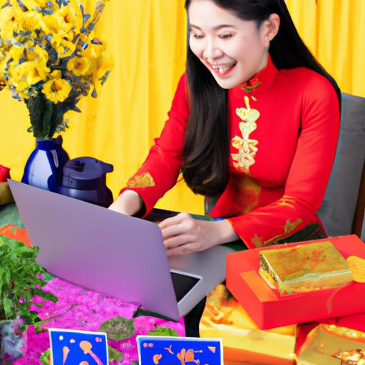 Người phụ nữ làm việc trên laptop và bán quà Tết trực tuyến