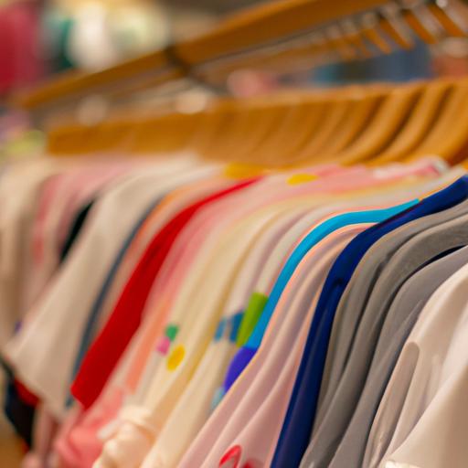 Một bộ sưu tập các áo thun với thiết kế và màu sắc khác nhau được trưng bày trên giá treo trong cửa hàng. Cửa hàng đông đúc với khách hàng đang thử quần áo.