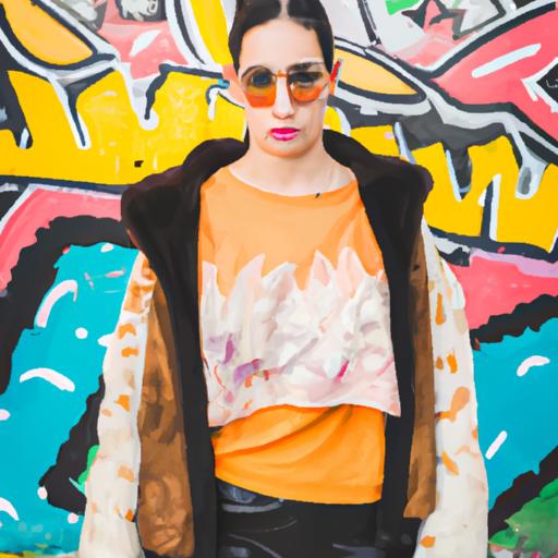 Fashionista quảng cáo thời trang streetwear trước tường graffiti đầy màu sắc