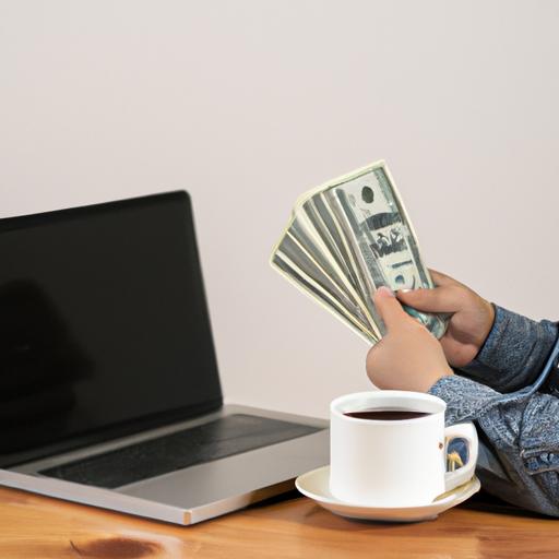 Người đang kiếm tiền bằng viết blog cầm một chồng tiền với laptop và cốc cà phê trên bàn.