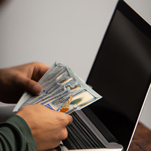 Kiếm tiền online với Neobux: Một người cầm tiền mặt trong tay và nhìn vào màn hình laptop.