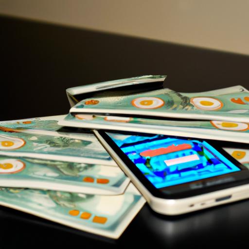 Kiếm tiền từ game Android: một chiếc điện thoại thông minh với ứng dụng trò chơi kiếm tiền được mở và một đống tiền bên cạnh.