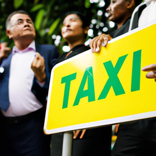 Kiếm tiền từ xe ô tô: Nhóm người kinh doanh dịch vụ taxi đứng trước chiếc xe ô tô của họ với biển hiệu 'taxi'