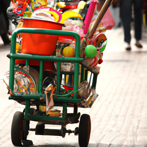 Một chiếc xe đẩy nhỏ trang trí đầy màu sắc với đồ chơi trên một con đường đông đúc