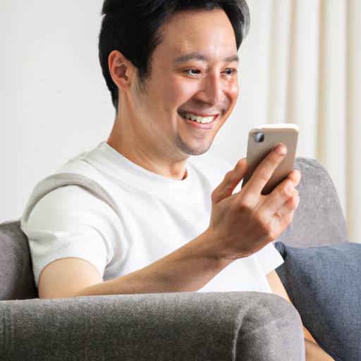 Một người cầm smartphone và cười tươi ngồi trên ghế sofa