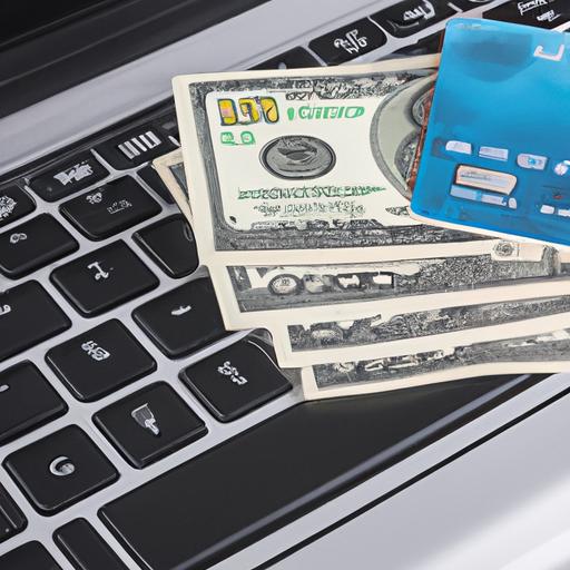 Một chiếc laptop với một đống tiền mặt và thẻ tín dụng trên bàn phím, thể hiện việc kiếm tiền online nhanh nhất