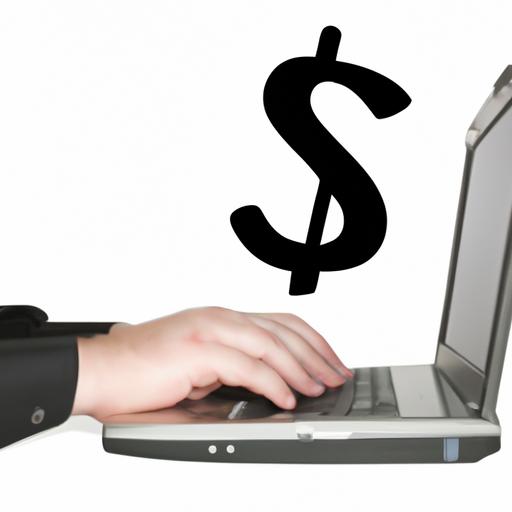 Một chiếc laptop với dấu đô la trên màn hình và một người đang gõ phím trên bàn phím