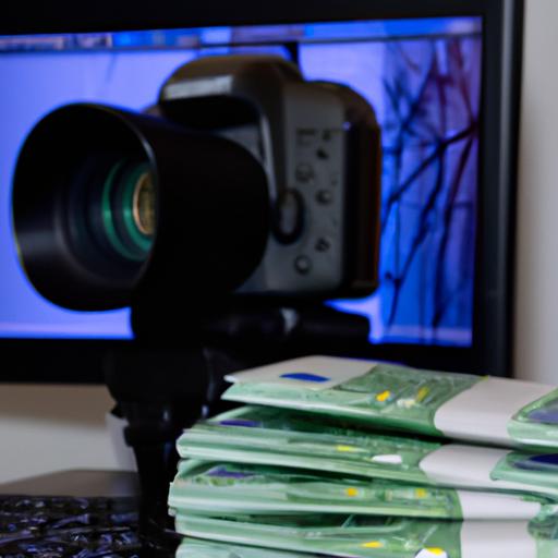 Một chiếc máy ảnh với một đống tiền và màn hình máy tính ở phía sau