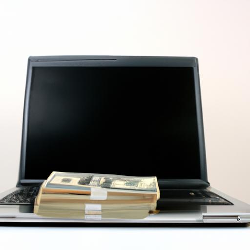Một chiếc máy tính xách tay đặt trên bàn với một đống tiền bên cạnh, thể hiện việc kiếm tiền trực tuyến.