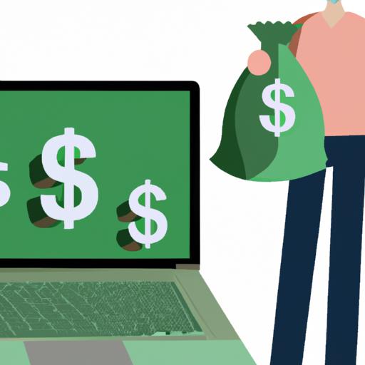 Hình minh họa người đang cầm túi tiền đứng trước một chiếc laptop.