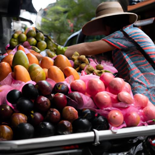 Người bán hàng rong bán trái cây tươi trong một chợ đông đúc tại Thành phố Hồ Chí Minh.