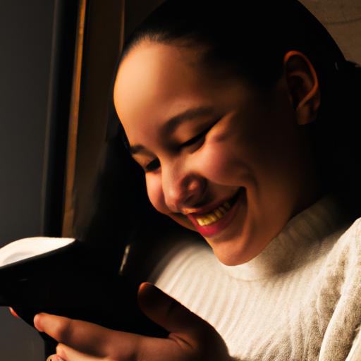 Người đọc đang sử dụng điện thoại để đọc truyện trên ứng dụng Wattpad, với nụ cười rạng rỡ trên môi.