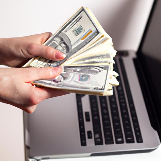 Người đang giữ một đống tiền trong một tay và gõ bàn phím trên laptop bằng tay kia