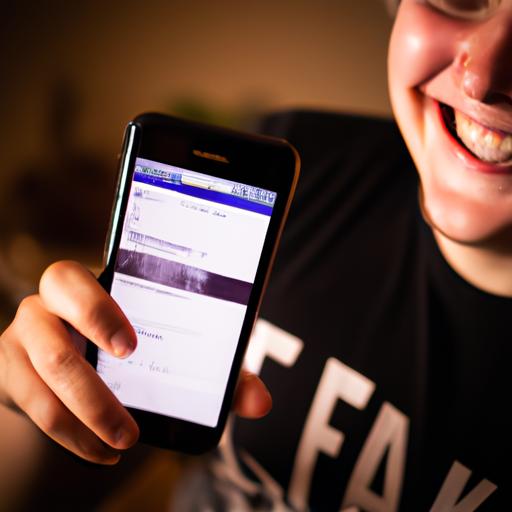 Người đang nắm điện thoại và mỉm cười khi nhìn vào trang nhóm Facebook trên màn hình.