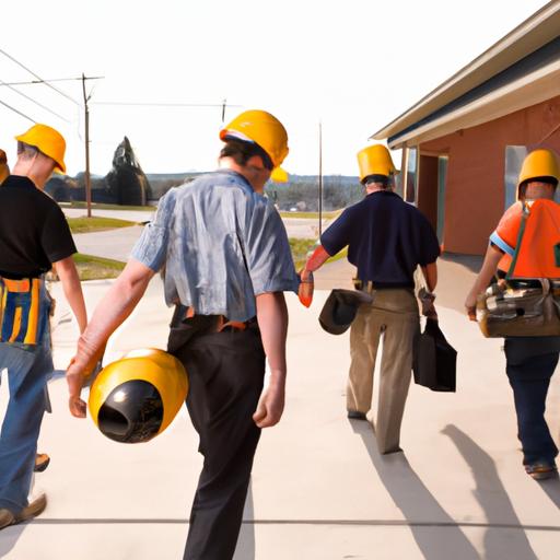 Một nhóm công nhân xây dựng đang đeo mũ bảo hiểm và mang theo dụng cụ tại một công trường xây dựng.