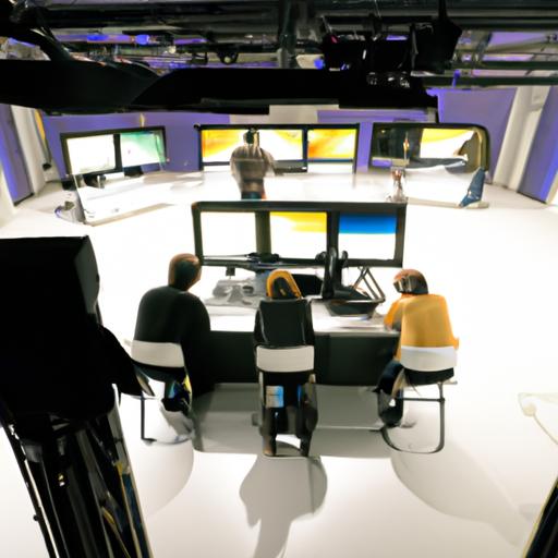 Một nhóm người đang làm việc tại một studio truyền hình