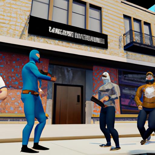 Một nhóm người chơi trong GTA 5 PS4 cùng cướp ngân hàng với vũ khí trong tay.