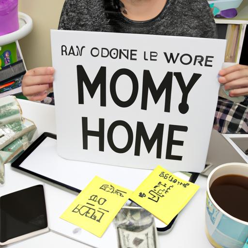 Một người phụ nữ cầm một tấm biển viết 'kiếm tiền từ nhà' trong khi xung quanh là các vật dụng khác như laptop, cốc cà phê và máy tính.