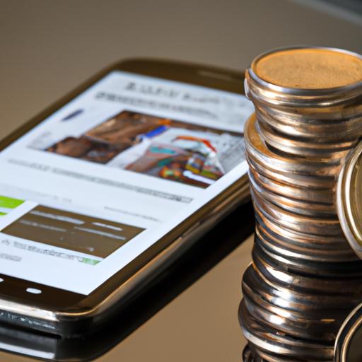 Một đống tiền xu bên cạnh một chiếc smartphone với nhiều ứng dụng tin tức mở trên màn hình.